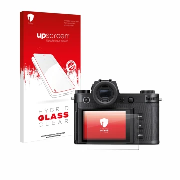 Front side of a product packaging with the brand logo upscreen. Next to it is the device Leica SL3-S shown with the correspond