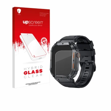 Front side of a product packaging with the brand logo upscreen. Next to it is the device bedee Smartwatch 1.96