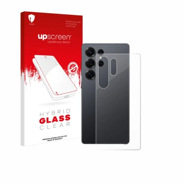 Front side of a product packaging with the brand logo upscreen. Next to it is the device Samsung Galaxy S25 Ultra (Back) shown