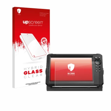 Front side of a product packaging with the brand logo upscreen. Next to it is the device Lowrance Eagle 9 shown with the corre