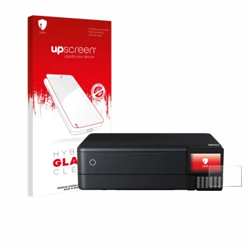 Front side of a product packaging with the brand logo upscreen. Next to it is the device Epson EcoTank ET-8550 shown with the 