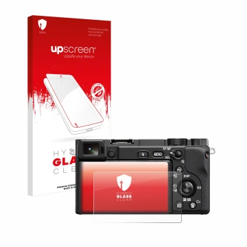 Front side of a product packaging with the brand logo upscreen. Next to it is the device Sony Alpha 6100A shown with the corre