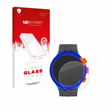 Front side of a product packaging with the brand logo upscreen. Next to it is the device Swatch Neon Party shown with the corr