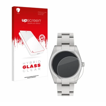 Front side of a product packaging with the brand logo upscreen. Next to it is the device Rolex Oyster Perpetual 34 shown with 