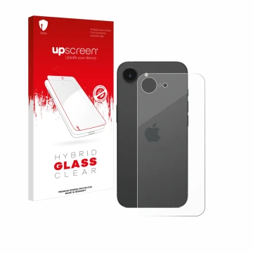 Front side of a product packaging with the brand logo upscreen. Next to it is the device Apple iPhone 16e (Back) shown with th