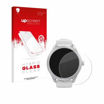 Front side of a product packaging with the brand logo upscreen. Next to it is the device Hama Smartwatch 5010 shown with the c