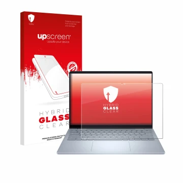 Front side of a product packaging with the brand logo upscreen. Next to it is the device Dell 14 Plus 2-in-1 shown with the co