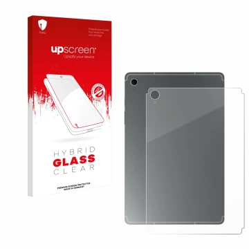 Front side of a product packaging with the brand logo upscreen. Next to it is the device Samsung Galaxy Tab S10 FE (Back) show