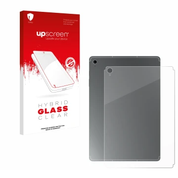 Front side of a product packaging with the brand logo upscreen. Next to it is the device Samsung Galaxy Tab S10 FE+ (Back) sho