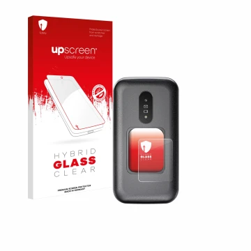 Front side of a product packaging with the brand logo upscreen. Next to it is the device Doro 2880 (Outer display) shown with 