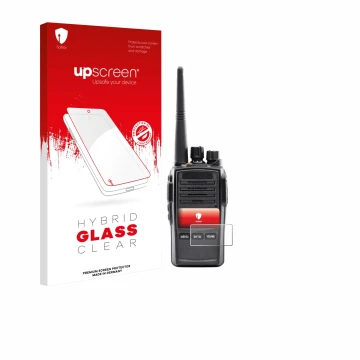 Front side of a product packaging with the brand logo upscreen. Next to it is the device Midland G18 Pro PMR shown with the co