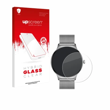 Front side of a product packaging with the brand logo upscreen. Next to it is the device Pireware Slim Smartwatch shown with t