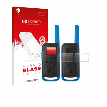Front side of a product packaging with the brand logo upscreen. Next to it is the device Motorola TALKABOUT T62 shown with the