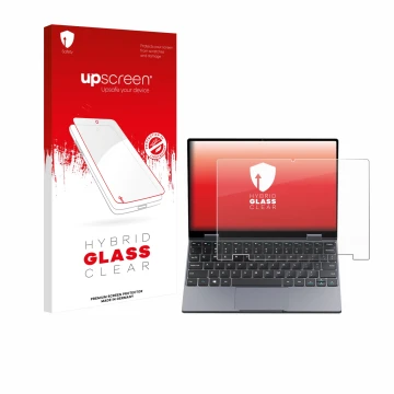 Front side of a product packaging with the brand logo upscreen. Next to it is the device Chuwi MiniBook X N150 shown with the 