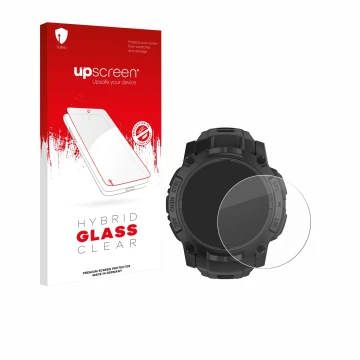 Front side of a product packaging with the brand logo upscreen. Next to it is the device Garmin Instinct 3 Solar Tactical Edit