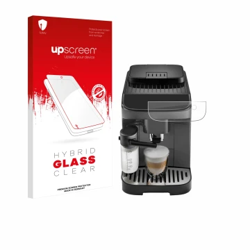 Front side of a product packaging with the brand logo upscreen. Next to it is the device DeLonghi Magnifica Evo shown with the