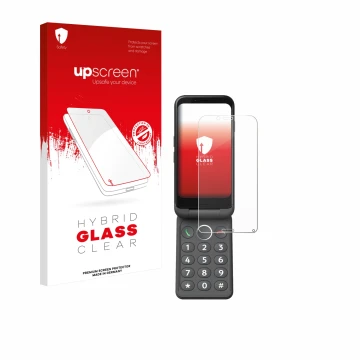 Front side of a product packaging with the brand logo upscreen. Next to it is the device Doro Aurora A20 shown with the corres