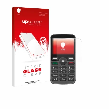 Front side of a product packaging with the brand logo upscreen. Next to it is the device Doro 1380 shown with the correspondin