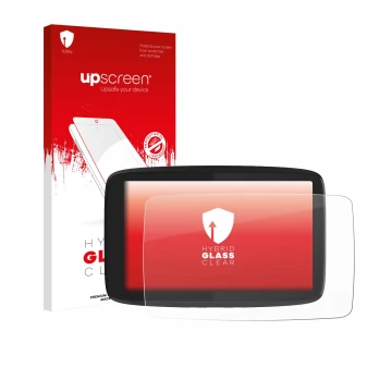 Front side of a product packaging with the brand logo upscreen. Next to it is the device TomTom GO Camper Tour shown with the 