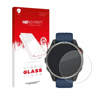 Front side of a product packaging with the brand logo upscreen. Next to it is the device Garmin quatix 8 (47 mm) shown with th