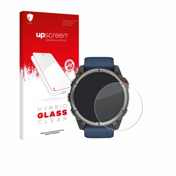 Front side of a product packaging with the brand logo upscreen. Next to it is the device Garmin quatix 8 (51 mm) shown with th