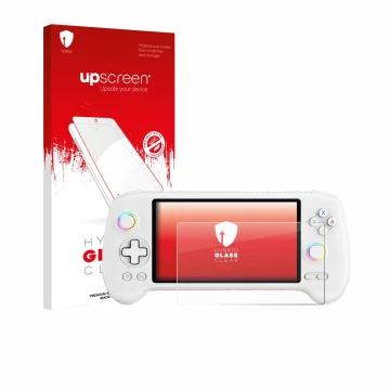 Front side of a product packaging with the brand logo upscreen. Next to it is the device Anbernic RG556 shown with the corresp