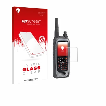 Front side of a product packaging with the brand logo upscreen. Next to it is the device Icom IC-A25NE /IC-A25CE shown with th