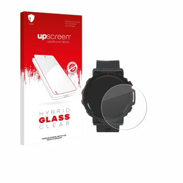 Front side of a product packaging with the brand logo upscreen. Next to it is the device Crivit Sport-Smartwatch shown with th