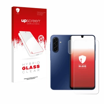 Front side of a product packaging with the brand logo upscreen. Next to it is the device Samsung Galaxy A17 4G (Front+Camera) 