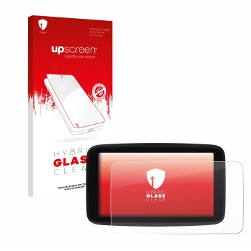 Front side of a product packaging with the brand logo upscreen. Next to it is the device TomTom GO Classic 5