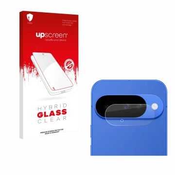 Front side of a product packaging with the brand logo upscreen. Next to it is the device Google Pixel 10 (ONLY Camera Lens) sh