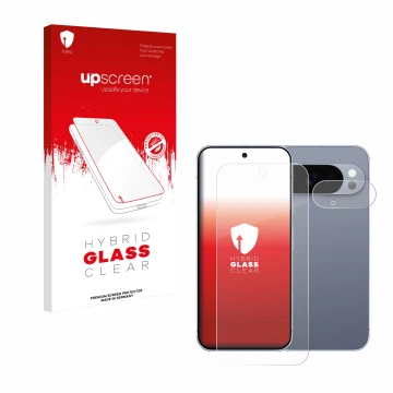 Front side of a product packaging with the brand logo upscreen. Next to it is the device Google Pixel 10 Pro (Front+Camera) sh