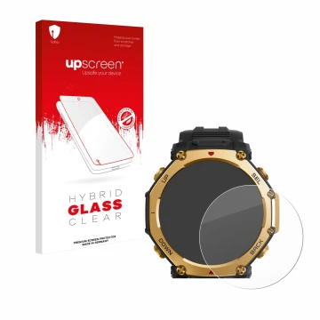 Front side of a product packaging with the brand logo upscreen. Next to it is the device Huami Amazfit T-Rex 3 Pro (48 mm) sho