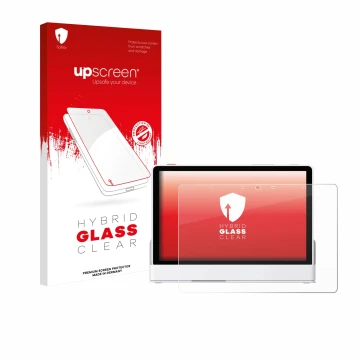 Front side of a product packaging with the brand logo upscreen. Next to it is the device eufy Smart Display E10 shown with the