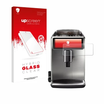 Front side of a product packaging with the brand logo upscreen. Next to it is the device Philips Saeco Xelsis Suprema shown wi