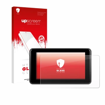 Front side of a product packaging with the brand logo upscreen. Next to it is the device Vechtel Motorrad Carplay 5