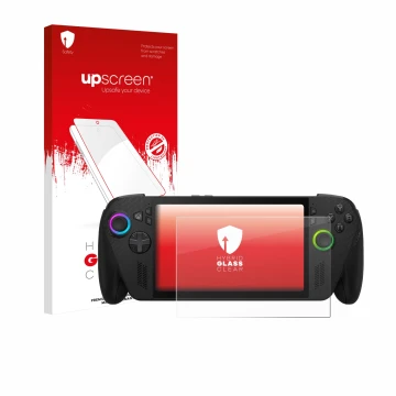 Front side of a product packaging with the brand logo upscreen. Next to it is the device ASUS ROG Xbox Ally X shown with the c