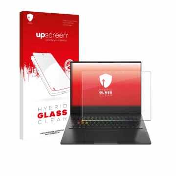 Front side of a product packaging with the brand logo upscreen. Next to it is the device HP Omen Transcend 16-u1000nl shown wi