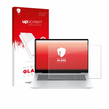 Front side of a product packaging with the brand logo upscreen. Next to it is the device HP OmniBook 7 17-dc shown with the co