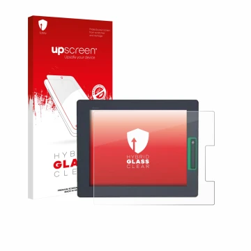 Front side of a product packaging with the brand logo upscreen. Next to it is the device Schneider-electric HMIDT542 shown wit