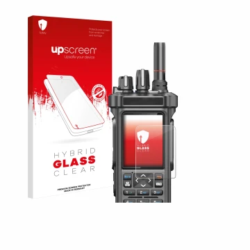 Front side of a product packaging with the brand logo upscreen. Next to it is the device Radtel RT-950 Pro shown with the corr