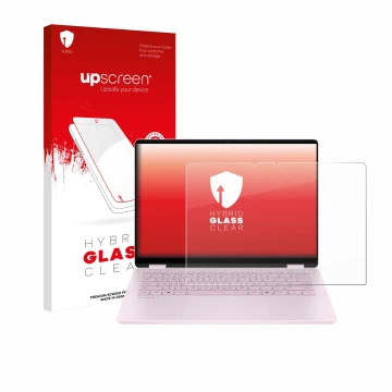 Front side of a product packaging with the brand logo upscreen. Next to it is the device HP OmniBook 5 Flip 14 14-fp0153ng sho