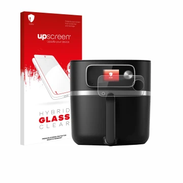 Front side of a product packaging with the brand logo upscreen. Next to it is the device Philips Airfryer HD9880/90 shown with