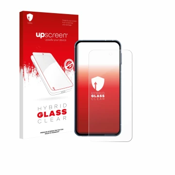 Front side of a product packaging with the brand logo upscreen. Next to it is the device Sharp Aquos Sense 10 shown with the c