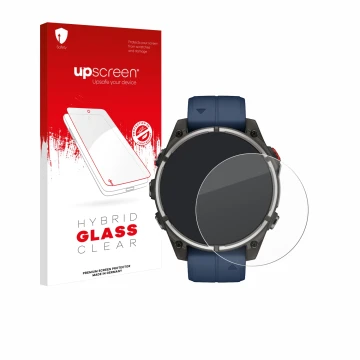 Front side of a product packaging with the brand logo upscreen. Next to it is the device Garmin quatix 8 Pro (47 mm) shown wit