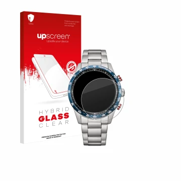 Front side of a product packaging with the brand logo upscreen. Next to it is the device Citizen CA4716-50L shown with the cor