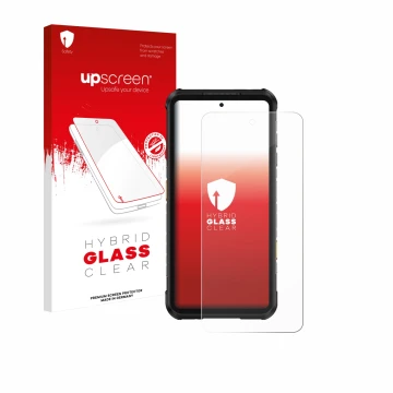 Front side of a product packaging with the brand logo upscreen. Next to it is the device Ulefone RugOne Xever 7 Pro shown with