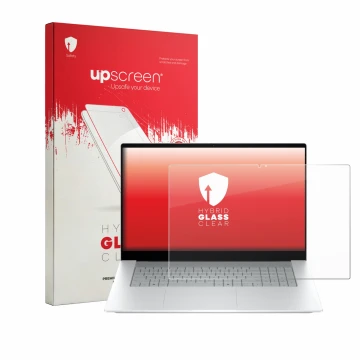 Front side of a product packaging with the brand logo upscreen. Next to it is the device HP OmniBook X 17-de0776ngx shown with