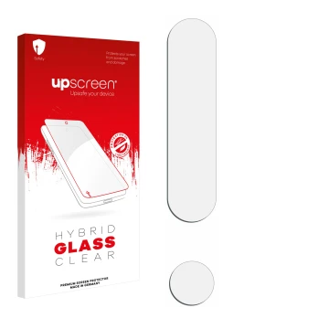 Front side of a product packaging with the brand logo upscreen. Next to it is the corresponding screen protector.