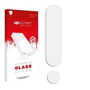 Front side of a product packaging with the brand logo upscreen. Next to it is the corresponding screen protector.